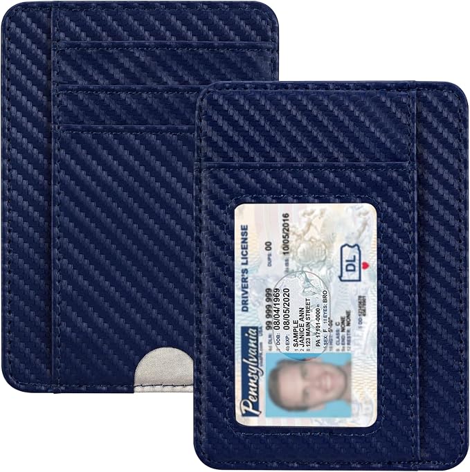 HOTCOOL Slim Wallet for Men, Minimalist Front Pocket Simple Leather Credit Card Holder RFID Blocking for Men & Women, Thin Organizer Gifts, Carbon Fiber - Navy Blue by HOTCOOL