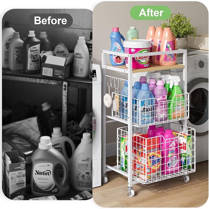 Hongtamoya 3 Tier Laundry Room Cart with Pull-Out Baskets, Storage Cart with Wheels, Rolling Cart with Wood Top Metal Bathroom Laundry Room Organization Mobile Shelf Unit Organizer Trolley, White - Image 7