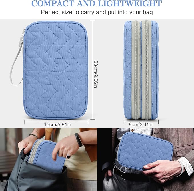 FYY Electronic Organizer, Travel Tech Pouch Bag, Large, Blue Quilted | Wrist Strap, Waterproof, Double Layers Portable Electronics Travel Carrying Case for Cord, Charger, Daily Business Trips Use - Image 2