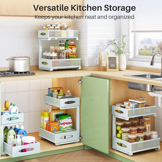 2 Pack Under Sink Organizer, 2 Tier Pull out Cabinet Organizer Mesh Baskets with 5 Adjustable Heights, Sliding Drawers Storage Shelf for Home, Kitchen, Bathroom, Pantry, Office, Countertop ,Blue - Image 8