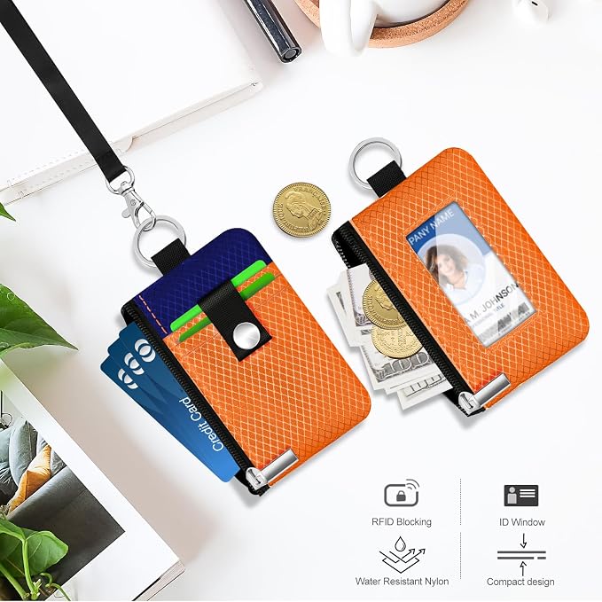 Minimalist RFID Blocking Small Wallet with ID Window,WaterResistant Zip Id Case Wallet with Lanyard Keychain for Cards,Cash,Travel,Women,Men (Orange/Sapphire Blue) - Image 8