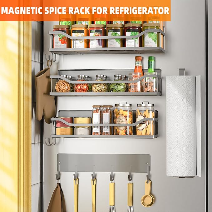 5 Pack Multifunctional Magnetic Shelves for Refrigerator Spice Rack & Washing Machine Organize, Include Paper Towel Holder, Kitchen Utensil Hanger and Hooks, Strong Magnet for Secure Hold (Gray) - Image 7