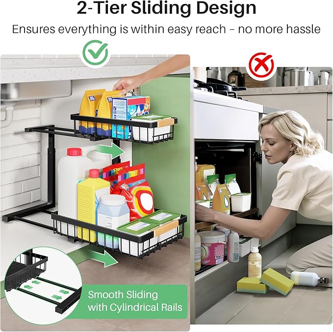 Kitstorack Under Sink Organizer, 2 Tier Under the Sink Storage, Slide out Pull out Cabinet Organizer Shelf, Metal Sliding Drawer for Kitchen Bathroom Pantry Closet Organization Rack, Black, 2 Pack - Image 6