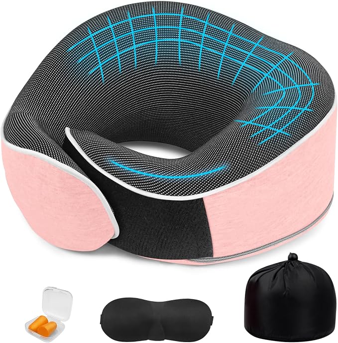 Memory Foam Travel Neck Pillow | Ergonomic 360 Degree Head Support for Airplane, Car and Office Sleeping, with Breathable Cotton Cover and Carry Bag, Pink-2 by Unknown