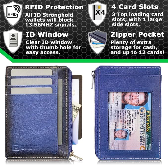 ID STRONGHOLD RFID Front Pocket Wallet Mini Minimalist Wallet Slim Wallet Genuine Leather with Zipper , Royal Blue , Small - Image 4