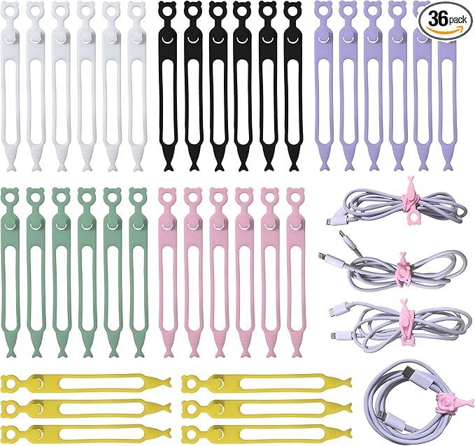 Cord Organizer,36PCS Silicone Cable Ties,Reusable Weatherproof Travel Cable Organizer,High Elasticity Wraps for Bundling Earphone,Phone Charger,Computer Cords,Wire Straps in Home,Office,Kitchen,School by BADAO