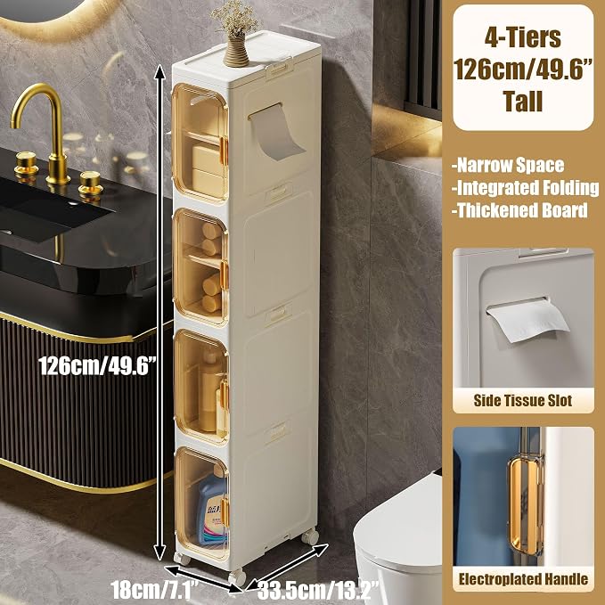 Slim Bathroom Storage Cabinet, Foldable & Movable Narrow Storage Organizer for Small Spaces, Bathroom, Kitchen, Laundry Room, Living Room (4-Tier) - Image 3