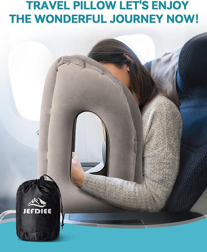 Inflatable Travel Pillow, Airplane Neck Pillow Comfortably Supports Head and Chin for Airplanes, Trains, Cars Office Napping on The Tray Table (Grey) - Image 8