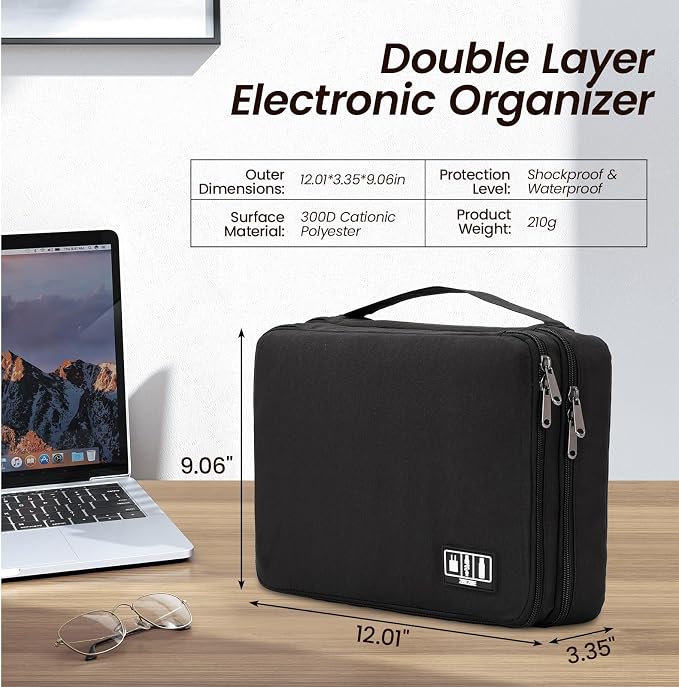 Electronic Organizer Travel Case, Double Layer Cable Organizer Bag | Double-layer design with adjustable dividers, mesh pockets and elastic loops for chargers, cables, power banks and gadgets - Image 2