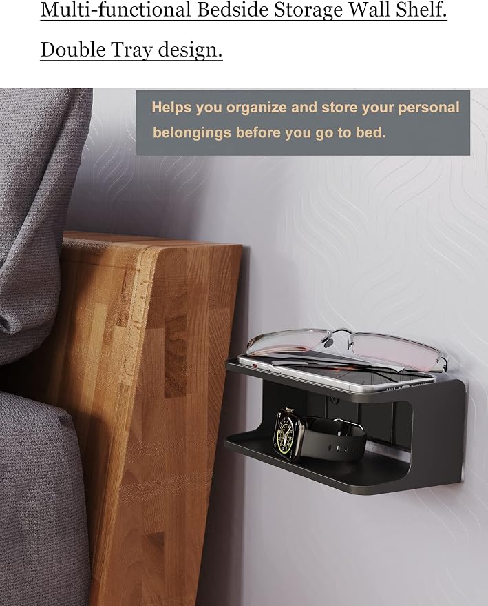 Bedside Wall Shelf Organizer, Small Bedside Shelf, (Black) | Wall Mount for Bed, Stick on Wall Shelf, Double Tray Holder for Storing Cellphone, Glasses, Keys, Camera , Alarm Clock - Image 2