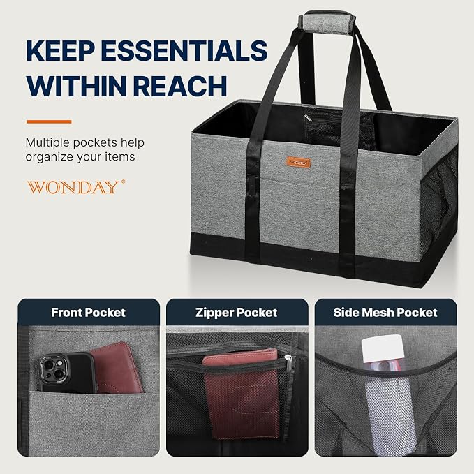WONDAY Grey Foldable Utility Tote Bag, Reusable Grocery Bag | 22x11x13in, holds 50lbs, 600D Oxford fabric with PP board bottom, folds flat, side panels only, not self-standing - Image 7
