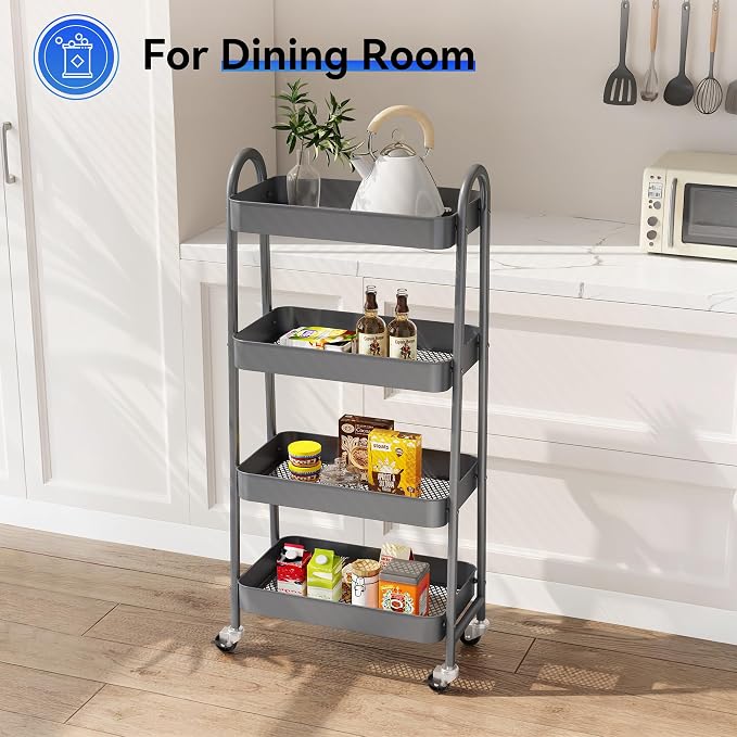 NEWBULIG 4-Tier Metal Rolling Storage Utility Cart with Lockable Wheels | Mobile Organizer Shelf, Space-Saving, Freestanding, Bathroom, Living Room, Slim, Narrow Corner Spaces, Grey - Image 6