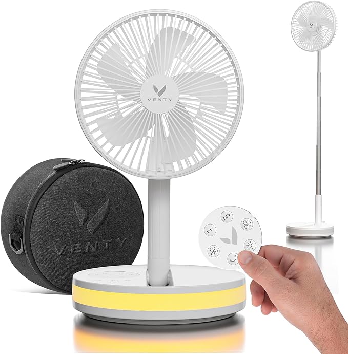 VENTY Portable Fan - Wireless Battery Operated Fan - 4 Speeds - LED Lighting - Carry Case & Remote Control - Cruise Travel - Outdoor Travel RV Power Bank With USB-C Port (White with Case) by VentyFan