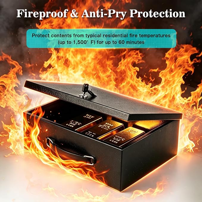 xydled Fireproof Document Box with Key Lock, Fire Safe Box, Black | Fire and water resistant lock box for documents, passports, cash and valuables, keeping secure at home, 13.2 x 11 x 5.1 Inch - Image 5