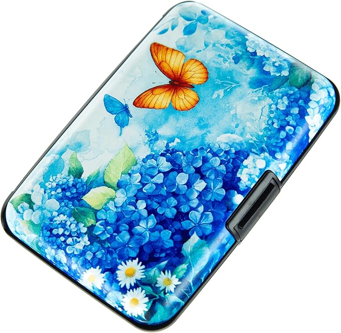 Credit Card Holder for Women Men RFID Blocking Wallet Small Business Metal Slim Mini Aluminum Hard Case (Hydrangeas Butterflies) by Kaabao