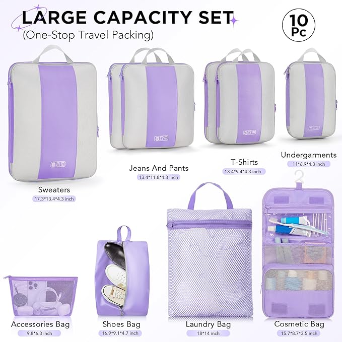 OlarHike 10 Set Compression Packing Cubes for Travel Essentials,Compressible Expandable Space Saver Bags for Organizing Clothes,Luggage Garment Bags with Over 1000 pcs Mesh Holes(Light Purple) - Image 2