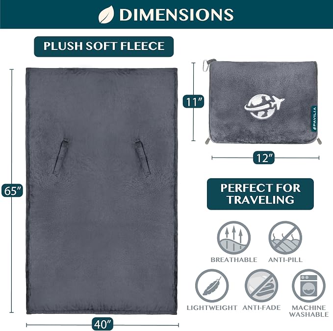 PAVILIA Travel Blanket and Pillow, Arms Opening Airplane Blankets for Adults, Compact Plane Blanket with Arm Hole 2-in-1 Bag for Flight Car Camping Fit in Luggage Backpack Traveler Gift, Dark Gray - Image 7