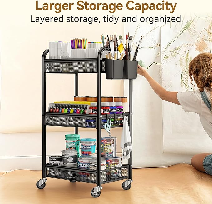 3 Tier Metal Rolling Cart, Black Utility Storage Cart with Wheels | Metal Mesh Craft Cart With Hooks & Hanging Cups, Ideal For Kitchen, Bathroom, Office, Dorm, Art Workspace, Bedside Storage - Image 4