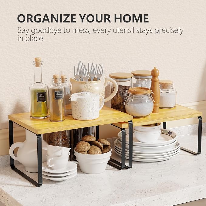Simple Trending Bamboo Cabinet Organizer Shelf, Set of 2 Kitchen Counter Shelves, Stackable Expandable Spice Rack Kitchen Storage, Black and Natural Beige - Image 2