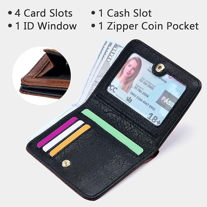 Gostwo Small Wallet for Women, Slim Bifold Credit Card Holder, Compact RFID Blocking Cash Wallet, Billfolds Thin Leather Zipper Pocket, Mini Wallet Gift for Ladies Teen Girls Travel with ID Window - Image 5