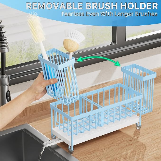 Cisily Sponge Holder for Kitchen Sink, Sink Caddy Organizer with High Brush Holder, Kitchen Countertop Organizers and Storage Essentials, Rustproof 304 Stainless Steel (Blue, 9.25″) - Image 4