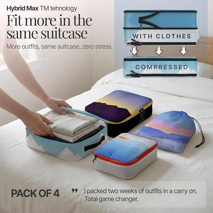 4-Piece Luxury Compression Packing Cubes & Bags for Travel – Maximize Space in Luggage with HybridMax Double-Capacity Design, 50 Luggage Tags, Patented Suitcase Organizer Bags, Lifetime Satisfaction - Image 2