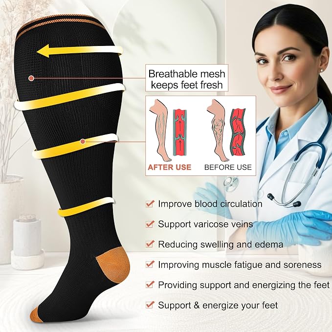 Diu Life 3 Pairs Plus Size Compression Socks for Women and Men Wide Calf Extra Knee High Support for Circulation - Image 3