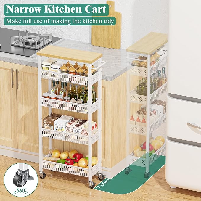 Slim Storage Cart 5 Tier Narrow Kitchen Rolling Cart on Wheels for Small Space, Metal Utility Cart Narrow Bathroom Storage Cabinet Mobile Shelf Unit Organizer with Wood Top and Handle, White - Image 2