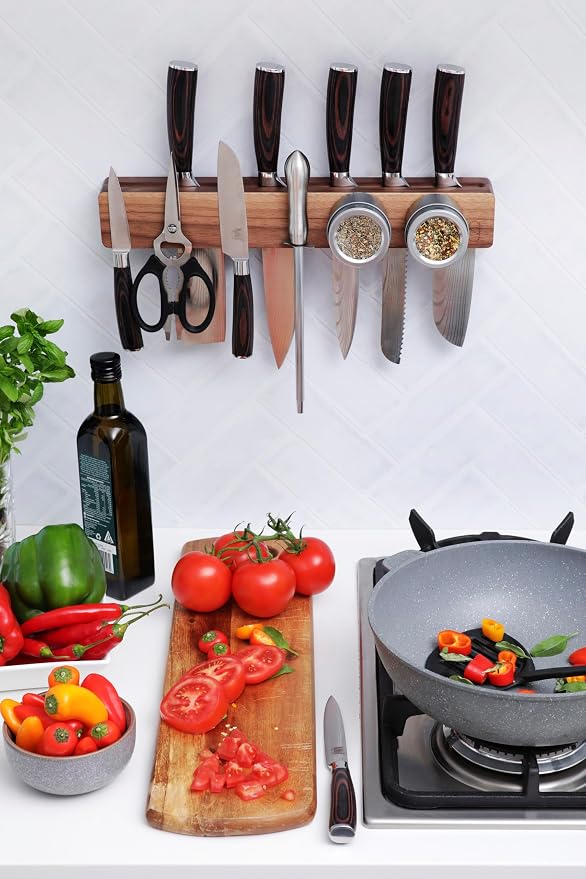 Walnut 16 inch Magnetic Knife Holder for Wall with 2x Storage & Charming Wood - Knife Magnetic Strip, Under Cabinet Magnet Knives Storage - Magnet Strip Rack Kitchen Utensil Holder Organizer Tool - Image 2