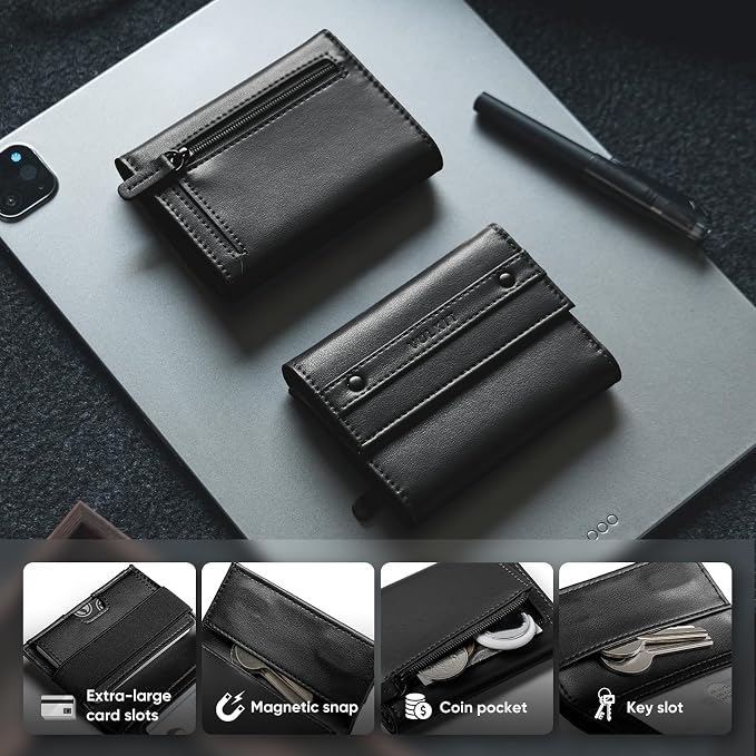 VULKIT Mens Wallet RFID Blocking Leather Compact Trifold with Zippered Coin Pocket, ID Window and Business Card Holder Black - Image 5
