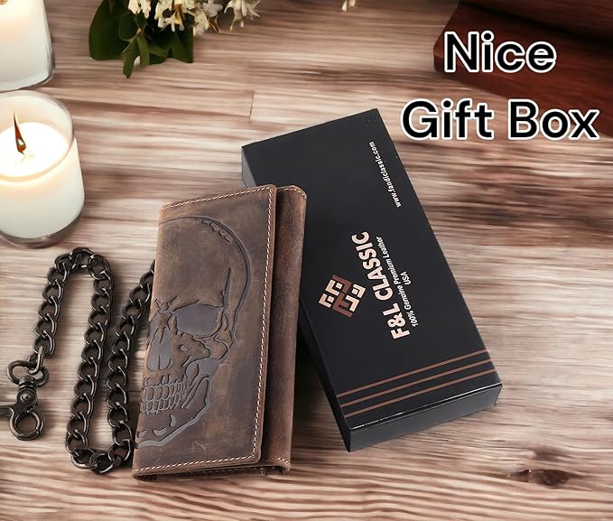 F&L CLASSIC RFID Blocking Mens Tri-fold Long Style Cowhide Leather Steel Chain Wallet,brown distress with skull,212-70 - Image 6