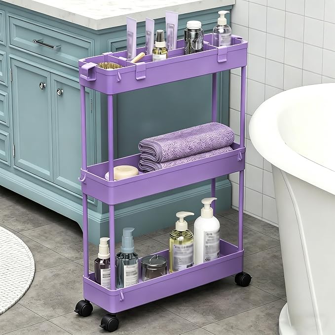2-piece Set Slim Storage Cart 3 Tier,Bathroom Organizer Rolling Utility,Mobile Shelving Unit Slide Out for Office, Kitchen, Laundry Room & Narrow Places - Image 4