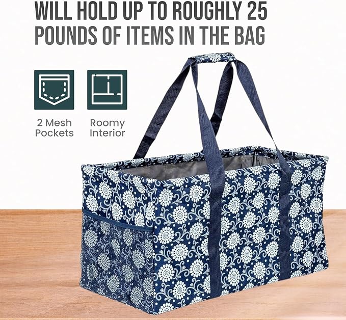 Extra Large Utility Tote Bag - Oversized Collapsible Reusable Wire Frame Rectangular Canvas Basket With Two Exterior Pockets For Beach, Pool, Laundry, Car Trunk, Storage - Navy Sunflower - Image 5