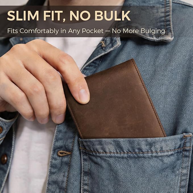 RUNBOX Men's Full Grain Leather Bifold Wallet - Crazy Horse RFID Blocking Slim Wallet with 2 ID Windows, 12 Card Slots & Dual Cash Pockets, Gift for Men - Image 4