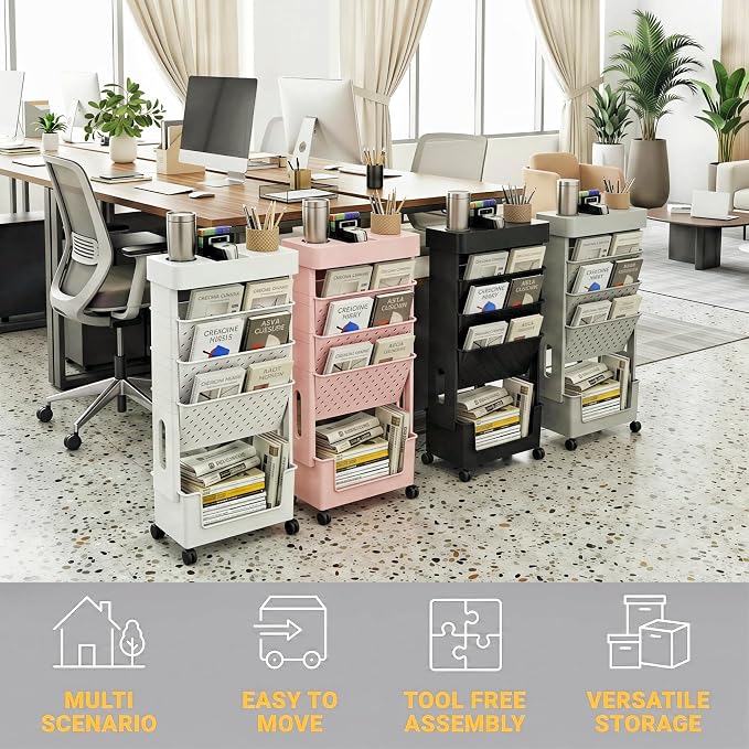 5-Tier Rolling Bookshelf Magazine Rack with Wheels Black | Mobile Bookcase, Book Storage File Folder Organizer Cart for Home Study Office Living Room Classroom - Image 7