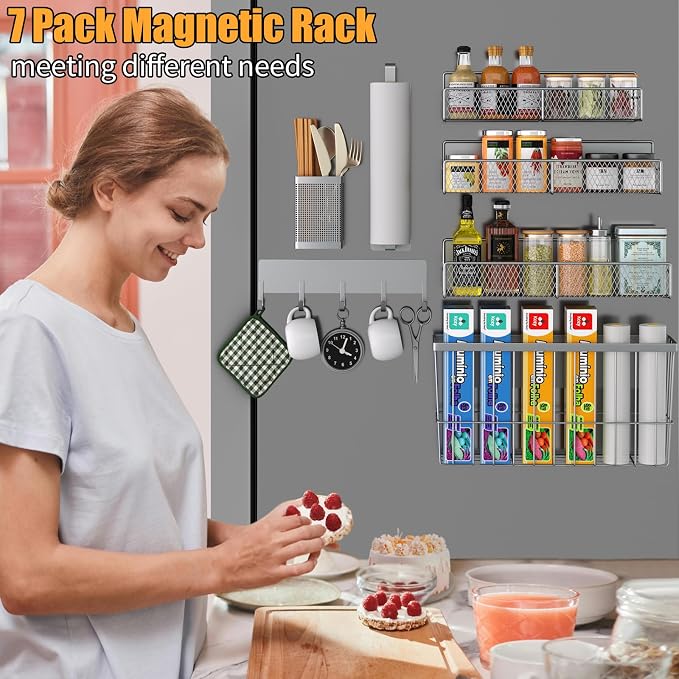DTUQYX Magnetic Spice Rack for Refrigerator, 7 Pack Metal Magnetic Shelf, Moveable Magnetic Storage Fridge Organizer Grey, Spice Organizer, Hook Rack, Paper Towel Holder, Cutting Board Holder, HM5471 - Image 6