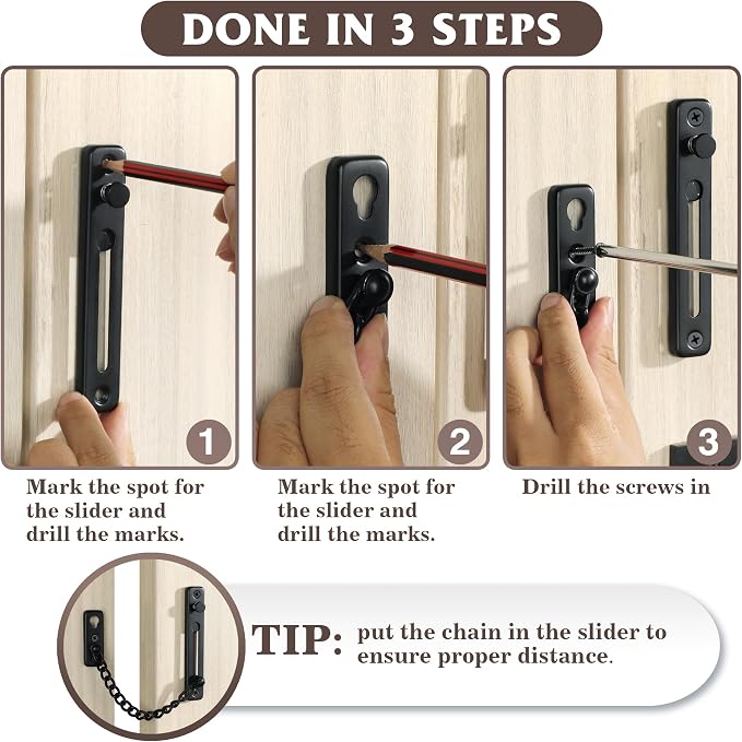 Alise Door Chain Lock Black,Door Lock Latch Chain Lock for Inside Doors | Stainless Steel,Door Chain Lock Guard with Spring Anti-Theft Press Button,Safety Chain Door Latch for Front Door - Image 6