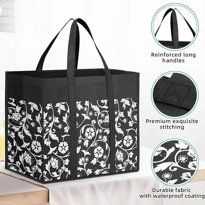 Reusable Grocery Bags Foldable Tote Bags bulk Shopping Bags 4-Pack, Black | Reinforced Handles Shopping Bags for Groceries Heavy Duty Kitchen Reusable Grocery Bags with Waterproof Coating - Image 6
