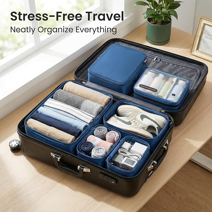 6 Set Compression Packing Cubes for 7–14 Day Travel, Dark Blue | Nylon Oxford Fabric, Full Breathable Mesh, Reinforced Double-Zipper, Small to Large Size Bag, Expandable Packing System - Image 7