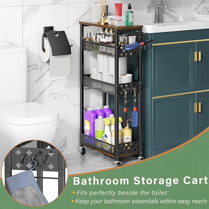 OKZEST Slim Laundry Room Organization Cart with Detergent Dispenser Holder | Holds tall bottles, Upgraded metal hub casters, 4-Tier space-saving narrow rolling cart, Premium wood & metal mesh shelves - Image 8