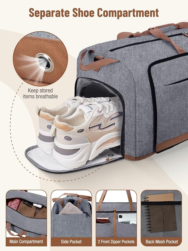 Lekesky Foldable Travel Duffel Bag for Women, 60L Large Duffle Bag with Separate Shoes Compartments & Straps, Carry On Weekend Bag for Women, Hospital, Overnight(Grey) - Image 4