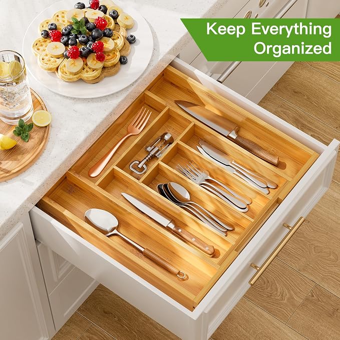 Pipishell Bamboo Expandable Drawer Organizer for Utensils Holder, Adjustable Cutlery Tray, Wood Drawer Dividers Organizer for Silverware, Flatware, Knives in Kitchen, Bedroom, Living Room(M-N) - Image 3