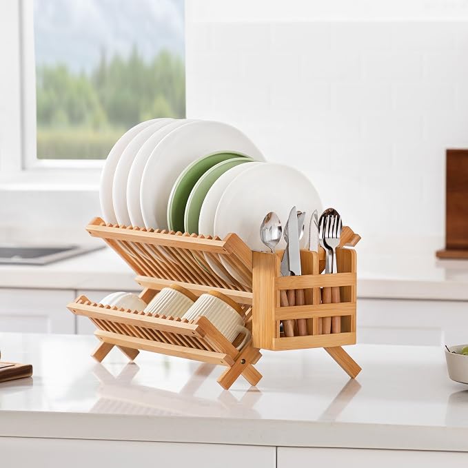 Bamboo 2 Tier Dish Drying Rack with Utensil Holder | Collapsible Dish Rack for Kitchen Counter, Large Folding Drying Holder, Dish Drainer, Kitchen Organizers and Storage - Image 5