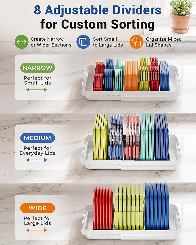 EVERIE Expandable Food Container Lid Organizer for Cabinet, Fits 12-Inch Deep or Deeper Cabinets , Adjustable 13.4" to 20.5", 8 Adjustable Dividers for lids , Drawer, Pantry and Kitchen Storage - Image 5