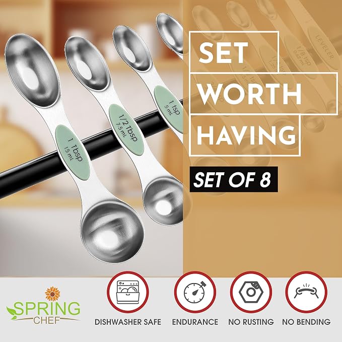 Spring Chef Stainless Steel Magnetic Measuring Spoons Set of 8, Pistachio | Nesting Metal Teaspoon & Tablespoon Measuring Spoons with Leveler for Dry & Liquid Ingredients, Dual Sided, Dishwasher Safe - Image 2