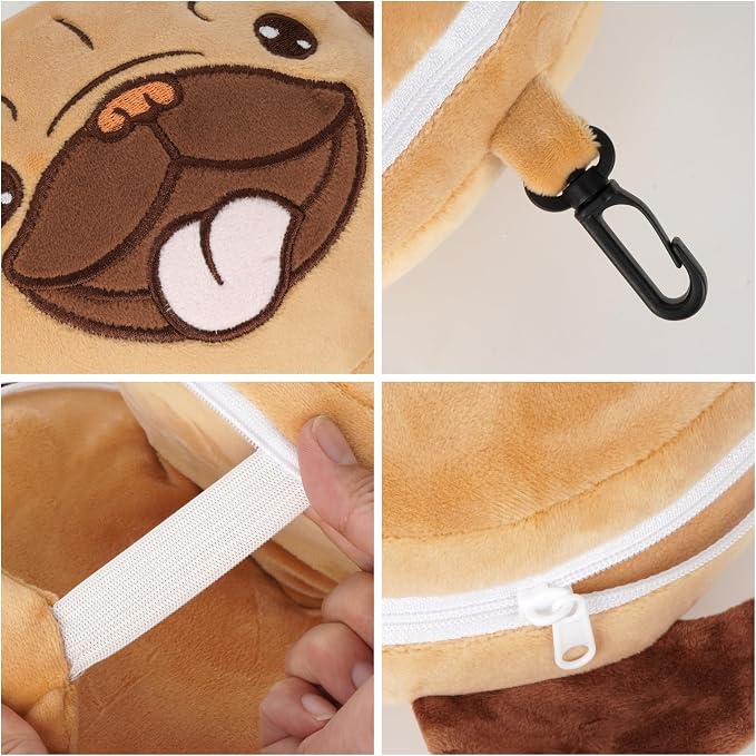 U Scinan Cute Animal 2-in-1 Travel Pillow and Eye Mask – Portable Neck Pillow with Adjustable Strap, Soft Plush Support for Airplane, Car, Train(Pug) - Image 5