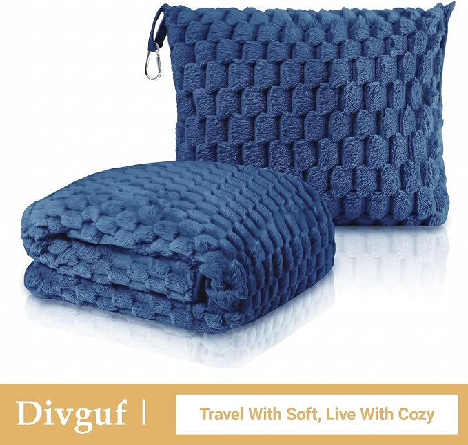 Travel Blanket with Bag, Soft Fleece Portable Airplane Blanket, Navy Blue | Soft fleece travel blanket 50x60in grey. 5-in-1: pillow, lumbar support, shawl, hand warmer. Washable, luggage sleeve, clip. - Image 8
