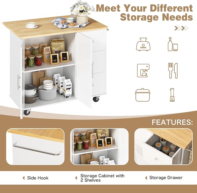Shintenchi Kitchen Island with Folding Drop Leaf, Rolling Island Table with Storage, Kitchen Cabinet on Wheels with Seating Area for Kitchen, Bar Cart with Cabinet, White - Image 6