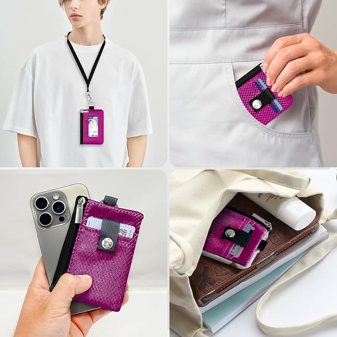Minimalist RFID Blocking Small Wallet with ID Window,WaterResistant Zip Id Case Wallet with Lanyard Keychain for Cards,Cash,Travel,Women,Men (Purplish Red) - Image 9
