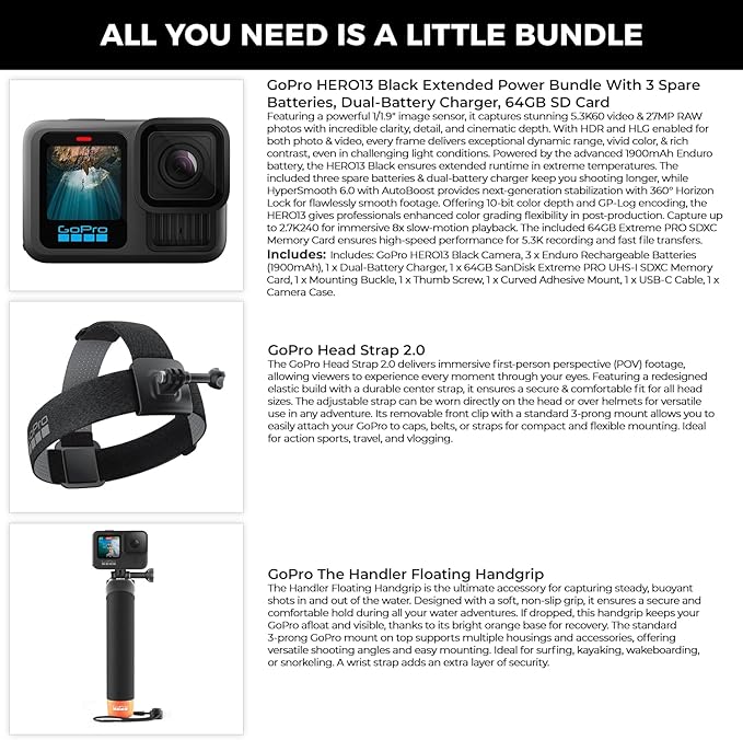 GoPro HERO13 Black Camera with 3 Enduro Batteries | Waterproof 5.3K60 Action Camera with Dual-Battery Charger & SanDisk 64GB Extreme SD Card | Head Strap 2.0 and Handler Floating Handgrip, Bundle Kit - Image 2